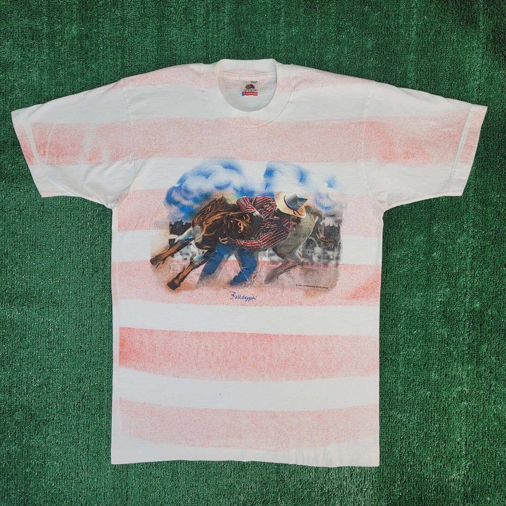 Vintage Rodeo Cowboy Shirt Size Large Single Stitch Made In USA Cattle AOP 90s - Picture 2 of 9